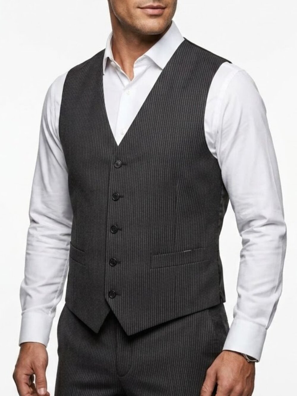 Style with 02 Charcoal Pinstripe Vest 100% Wool Tailored Waistcoat Mens 40L VTG